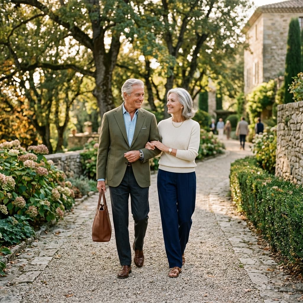 Elegant senior couple walking outdoors